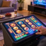 Engaging action of playing slot online on a smartphone in a cozy home setting.