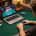 Engaged player using a laptop to strategize poker gameplay at 88clb online platform