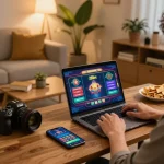 Engaged player exploring 388bet online casino gaming on a laptop, reflecting strategic betting choices.