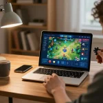 Engaging in the link slot game on a laptop with a cozy home setup.