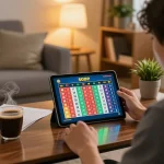 Engaged user on DEWALIVE platform checking live SGP results on a tablet in a cozy living space.