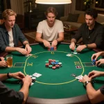 Players strategizing at a poker table during a home game, showcasing the excitement of gambling at keonhacaii88.