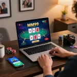 Engaged player utilizes MM99 for online poker, showcasing a strategic home gaming atmosphere.