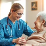 Health caregiver supporting an elderly person in a warm living room, showcasing compassion and trust.
