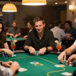 abc8 players engaged in a competitive poker game at an upscale casino table with vibrant decor.