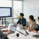 团队在现代化工作空间中协作进行高效翻译，展示有道翻译工具。