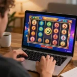 Engaged player enjoying the oli4d online slot game at home, focused on potential win