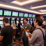 Engaged bettors placing wagers on the 789club app in a vibrant sports betting area.