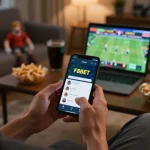 Engaged user placing bets on F8BET mobile app during a live sports game.