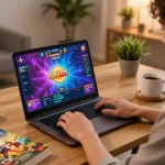 Engaging with slot88 game interface on a laptop in a cozy home gaming setup