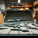 Customizable foam for rifle case displayed in a workshop setting.