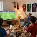Cakhiatv streaming live football match with enthusiastic fans enjoying snacks and drinks in a modern living room setting.
