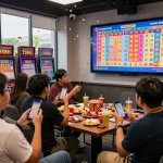 Togel Hongkong live draw excitement in a gaming lounge with players celebrating wins and viewing tickets.