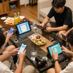 Players engaging in Tài Xỉu online at taixiuonline8, showcasing an exciting home gaming session with mobile devices.