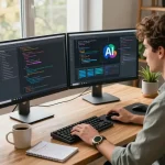 Developer using moltbot AI in a modern home office environment, showcasing productivity and technology integration.