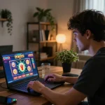 B52 online gaming environment with an enthusiastic player celebrating a win on a laptop.
