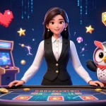Interagissez avec le casino en ligne à travers un croupier élégant et un charmant hibou assistant dans une scène de jeu vivante.