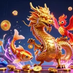 Vivez l'excitation du casino en ligne avec une illustration 3D vivante mettant en scène un dragon, un phoenix et un poisson koi au milieu d'éléments de jeu.