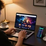 Player engrossed in 99win online casino gaming on a sleek laptop, showcasing responsible gaming environment.