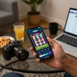 Engaging gameplay at non gamstop casinos on a smartphone, vibrant slot game interface displayed, cozy home setup.