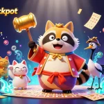 Engage with kaptenjackpot's vibrant 3D casino scene featuring a lucky tanuki, colorful lottery elements.