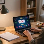x88 player enjoying an online poker game on a laptop in a cozy home environment