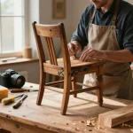Scena di laboratorio di restauro che affronta i tarli del legno con un artigiano che ispeziona i mobili in legno danneggiati