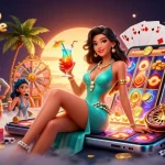 Découvrez le frisson du casino en ligne avec des vibrations tropicales et des jeux captivants dans cette illustration vibrante.