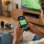 Engaged user placing bets on sports with 888top app during a live game broadcast