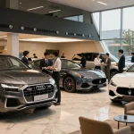 Trải nghiệm cho thuê ô tô sang trọng nhấn mạnh cho thuê xe ô tô hạng sang với các thương hiệu cao cấp như Audi, Maserati và Range Rover trong showroom hiện đại.