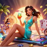 Vivez une expérience de jeu passionnante au casino en ligne avec une scène de cocktail glamour mettant en valeur des actions de machines à sous vibrantes.