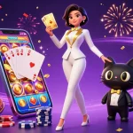 Engage in สล็อตเว็บตรง gaming with a glamorous dealer and a charming tuxedo cat amidst vibrant casino elements.