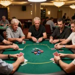 Engaged players at a poker table enjoying games at Nhà cái 79king, chips and cards creating a vibrant scene.