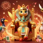 Scena coinvolgente di un'atmosfera di casino non aams con un gatto faraone e un ibis tra decorazioni festive ed elementi di gioco.