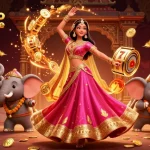 Engagez-vous dans une scène dynamique de casino en ligne mettant en vedette une femme asiatique vibrante et un éléphant de dessin animé.