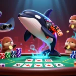 Engage in DEWAPOKER with a vibrant 3D scene featuring playful characters and poker elements.