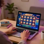 Engaging player spinning alexis77 slot on a laptop, showcasing an exciting online casino experience
