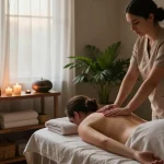 Massage therapist providing a soothing Swedish massage in a tranquil studio setting with warm lighting.