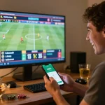 Engaged user placing bets on vn23 app while watching live sports at home