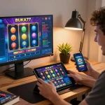 Engaging player spins BUKA77 slot while using a tablet and smartphone for online gambling.