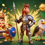 Experience slot qris excitement with a dynamic scene featuring a knight, puppy, and falcon amidst jackpot symbols and treasures.