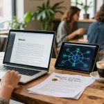 Bitcoin cloud mining study scene with laptop, notes, and coffee in a cozy cafe.