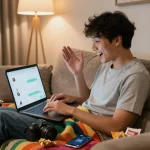 Engaging home scene of young adult using sex chat AI on laptop, cozy atmosphere with personal items.