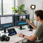 Creator demonstrating seedance 2.0 in a modern office, showcasing AI video production tools.