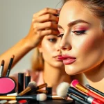Apply wholesale make up in a professional studio setting with vibrant products.