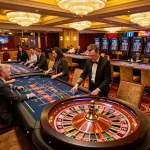 SUNWIN players placing bets at an upscale roulette table in a vibrant casino atmosphere.