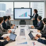 Analysts discussing the effects of New US Tariffs in a modern conference room with data projections and reports.