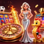 Spin the PG slot reels in a vibrant casino scene with dazzling characters and game elements.