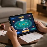 Engaging with the bj886 poker interface on a tablet at home, highlighting responsible gaming.