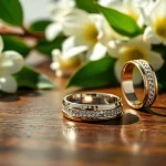 Showcasing stylish mens wedding rings with unique designs and textures on a wooden table.